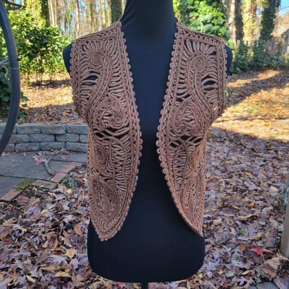 Women's Brown Crochet Lace Open-Front Vest